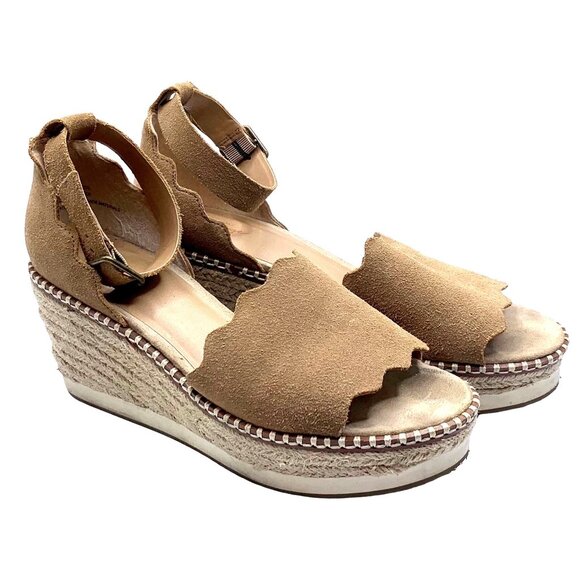 Boho Tan Suede Scalloped Jute Espadrille Wedge Sandals 8.5 Ankle Strap Festival - Picture 2 of 9